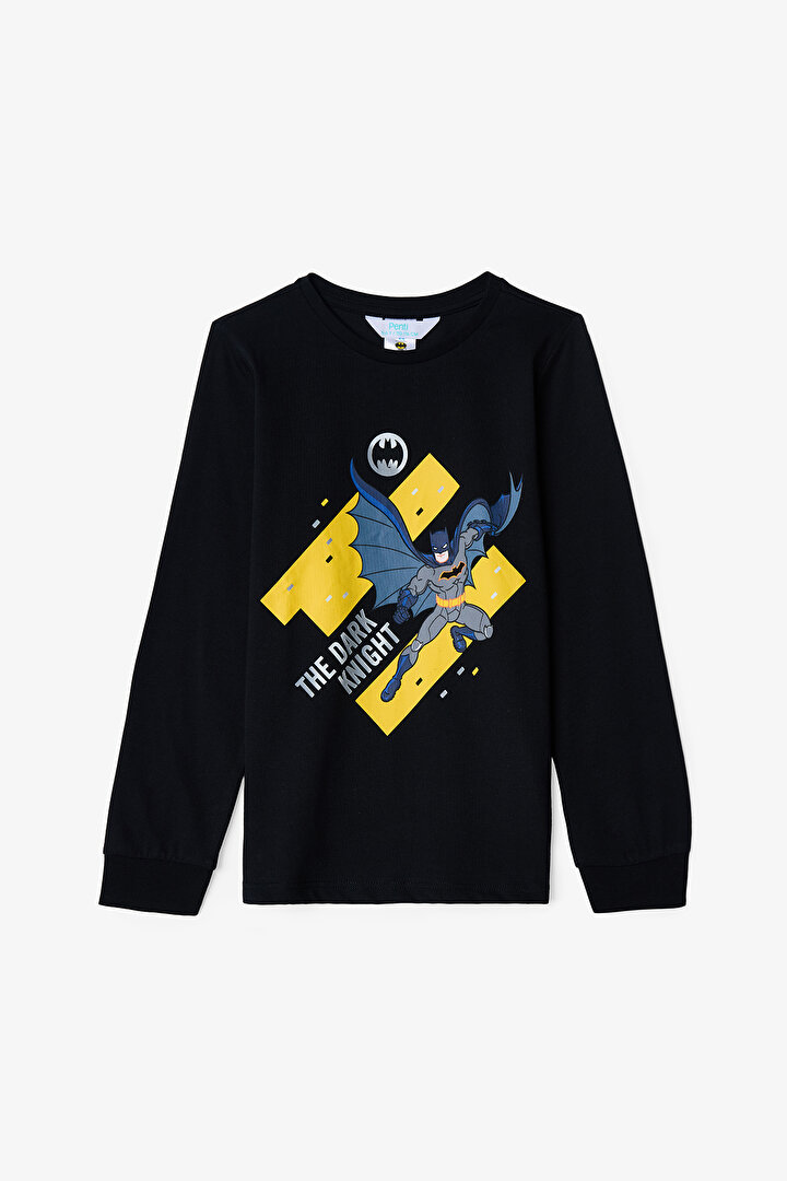 Siyah Erkek Çocuk Batman Çizgi Film Desenli Pamuklu Uzun Kollu Pijama Takımı - 2