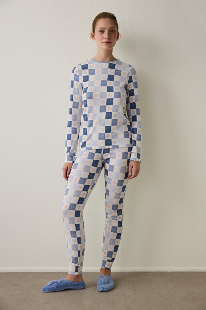 Açık Mavi Ekoseli Uzun Kollu Pijama Takımı - 1