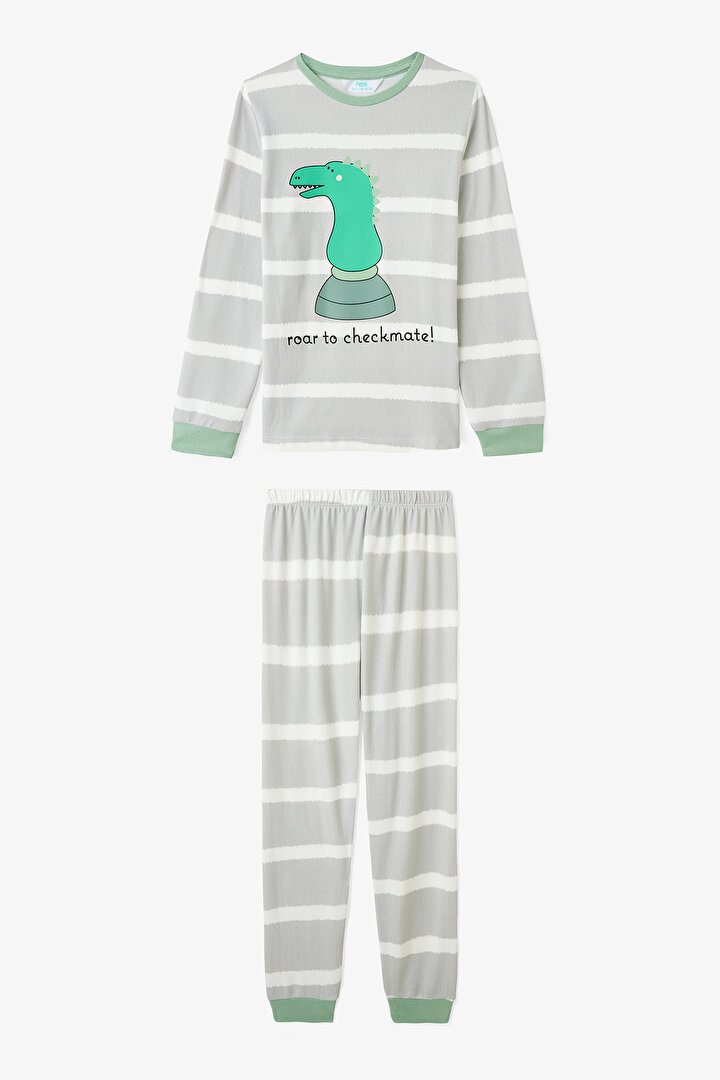 Açık Gri Erkek Çocuk Chess Play Dinozor Desenli Pijama Takımı - 1