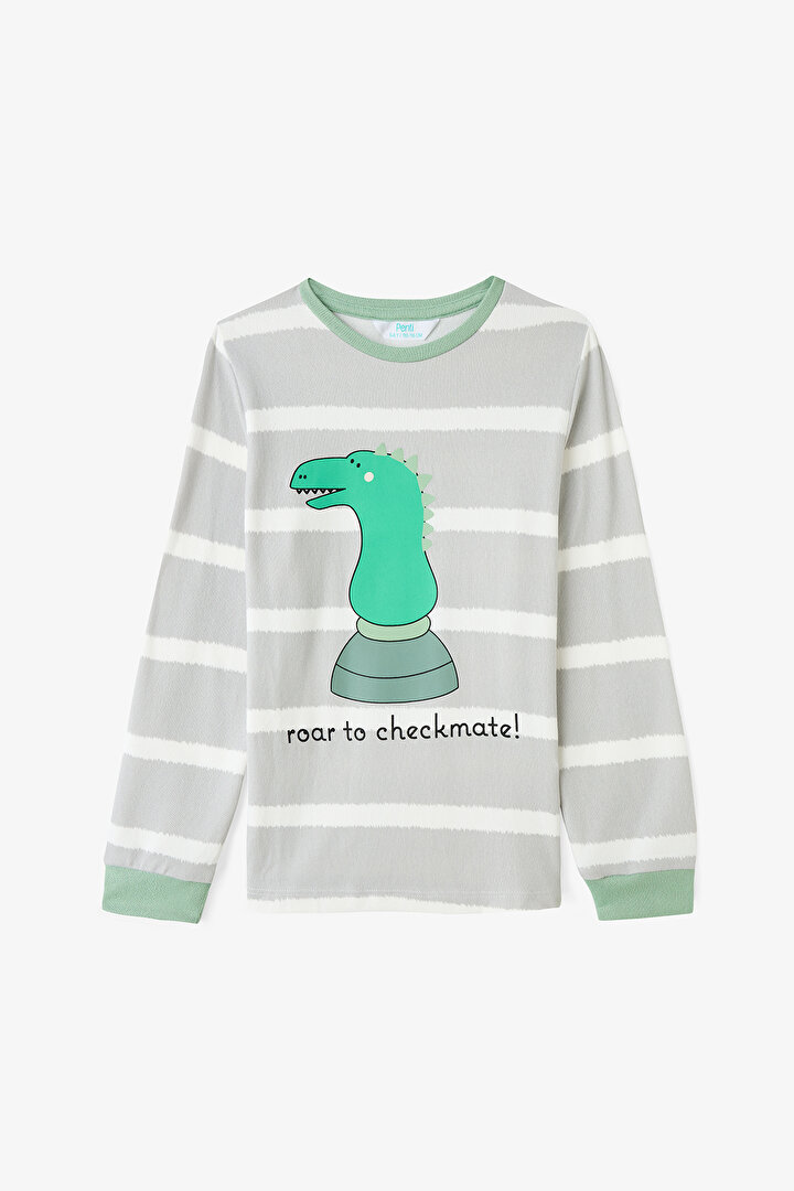 Açık Gri Erkek Çocuk Chess Play Dinozor Desenli Pijama Takımı - 2