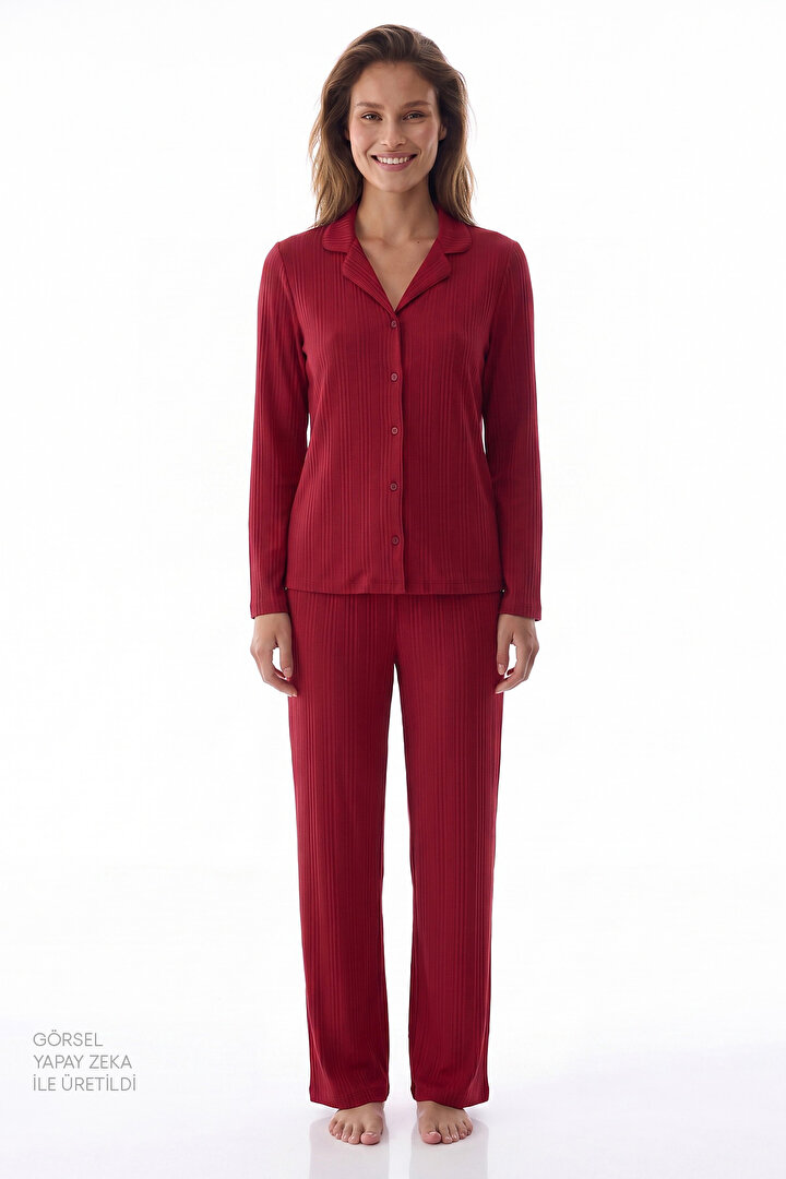 Bordo Lana Fitilli Uzun Kollu Gömlek Pantolon Pijama Takımı - 2