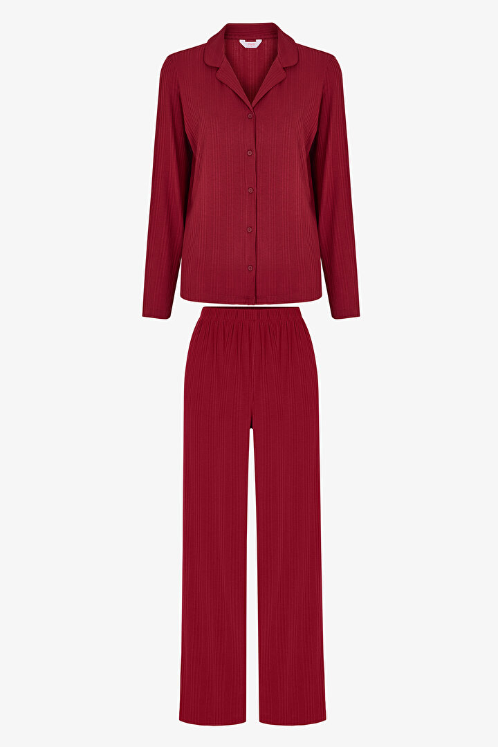 Bordo Lana Fitilli Uzun Kollu Gömlek Pantolon Pijama Takımı - 1