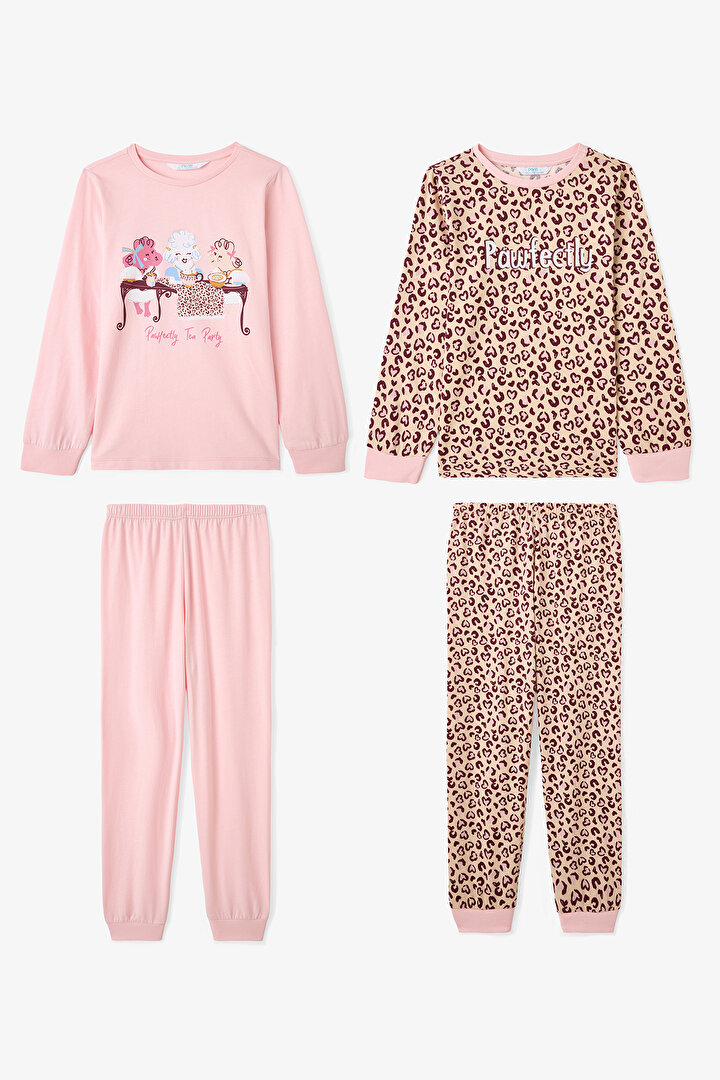 Girls Pawfectly Leopard Patterned 2-Piece Long Sleeve Pajama Set - 1
