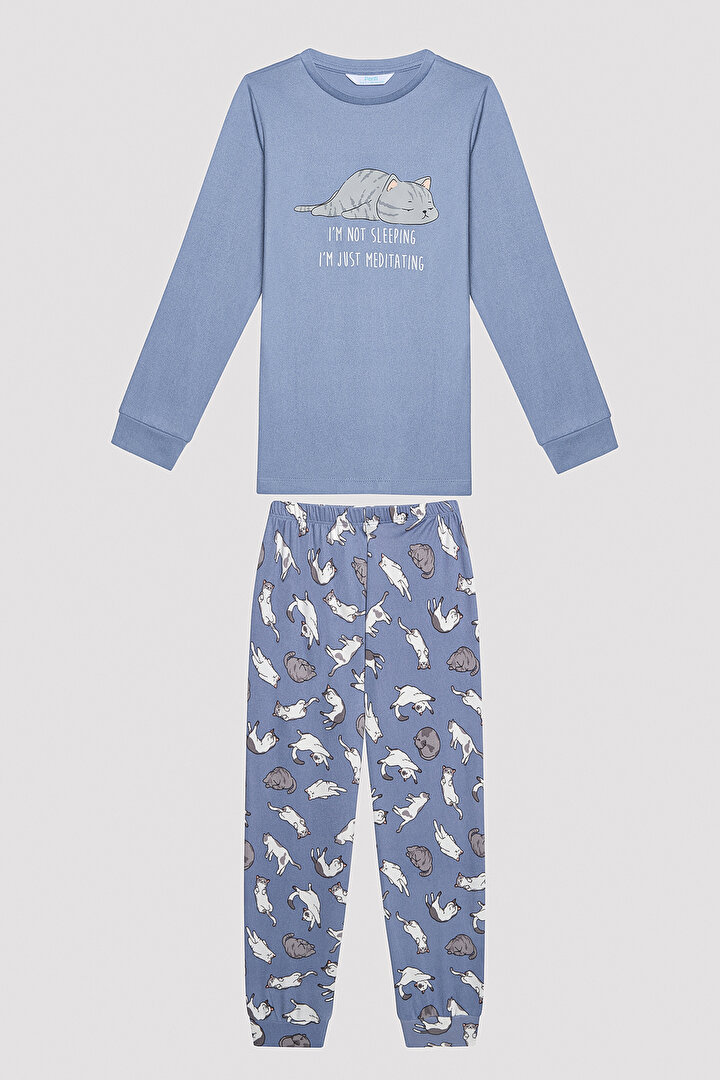 Unisex Çocuk Kedi Baskılı Termal Mavi Pijama Takımı - 1