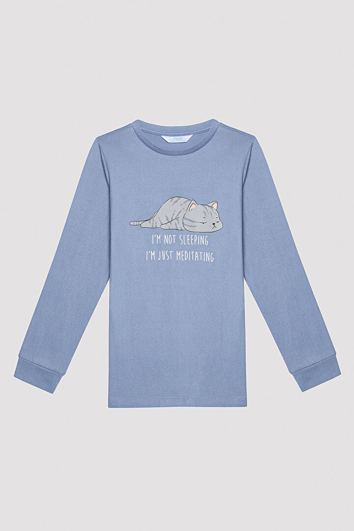 Unisex Çocuk Kedi Baskılı Termal Mavi Pijama Takımı - 2