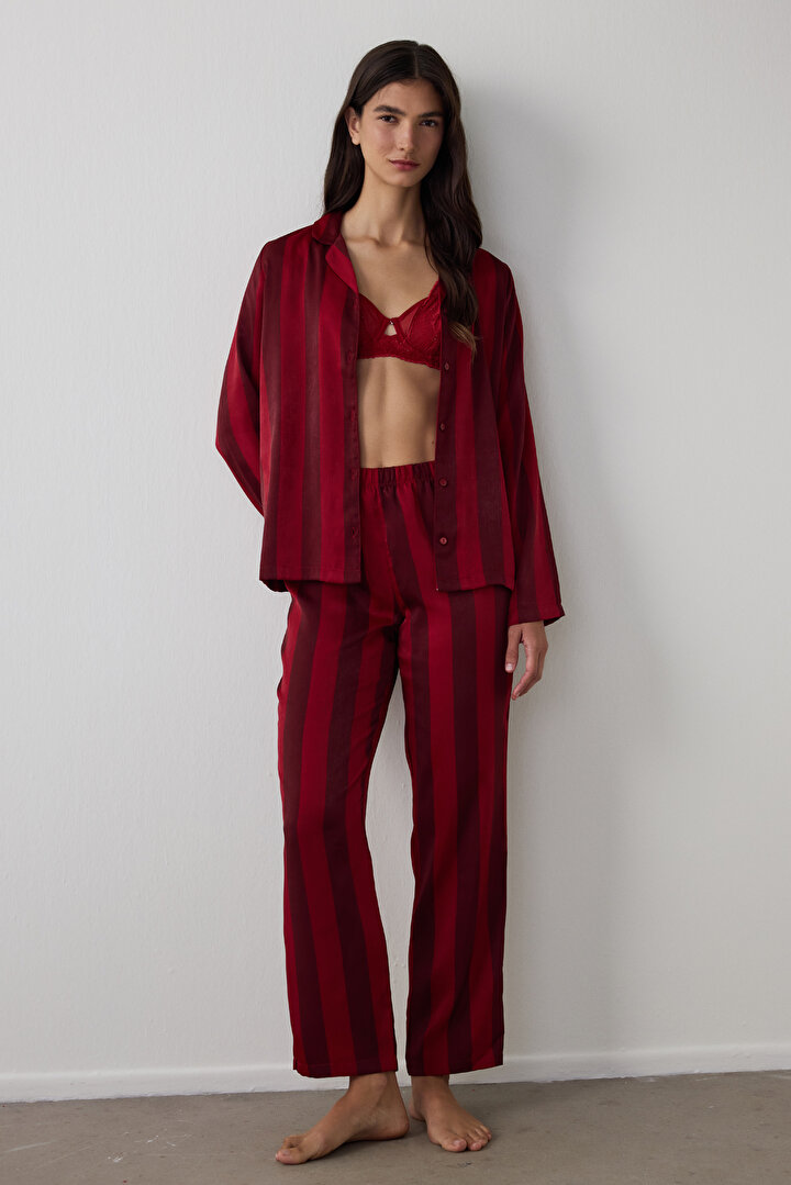 Red Margot Striped Satin Shirt Collar Long Sleeve Pajama Set - 2