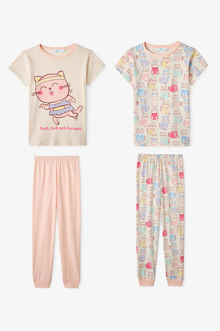 Ekru Kız Çocuk Fast Cat 2'li Pijama Takımı - 1