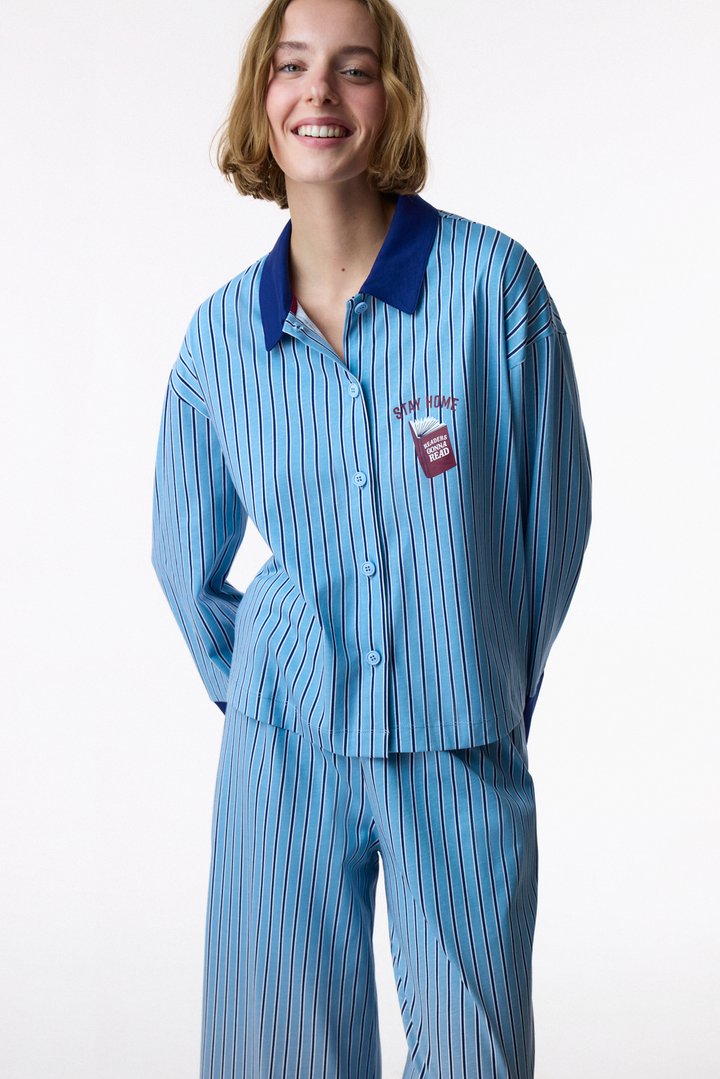 Blue Stay Home Striped Long Sleeve Shirt & Trouser Pyjama Set - 2