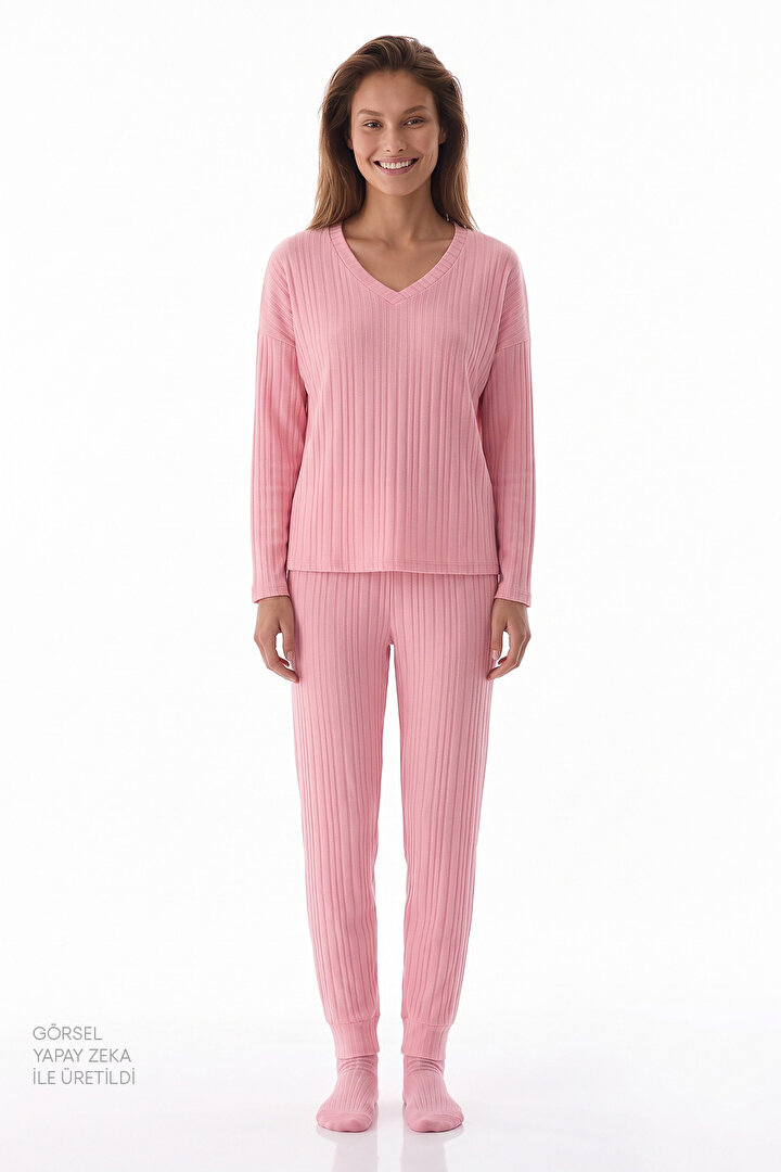 Pembe Cozy Pink Uzun Kollu Pantolon Pijama Takımı - 1