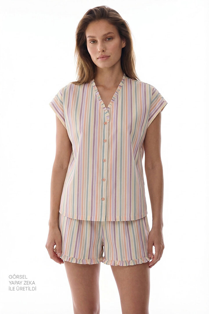 Renkli Sweet Day Çizgili Pamuklu Şortlu Pijama Takımı - 1