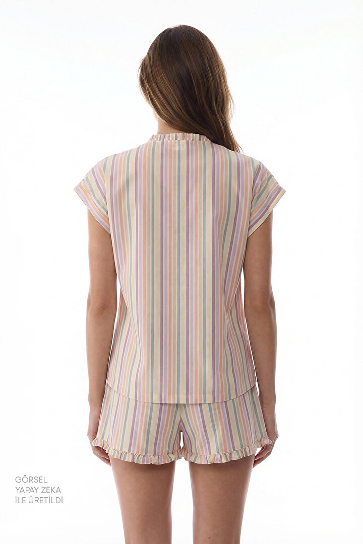 Renkli Sweet Day Çizgili Pamuklu Şortlu Pijama Takımı - 2