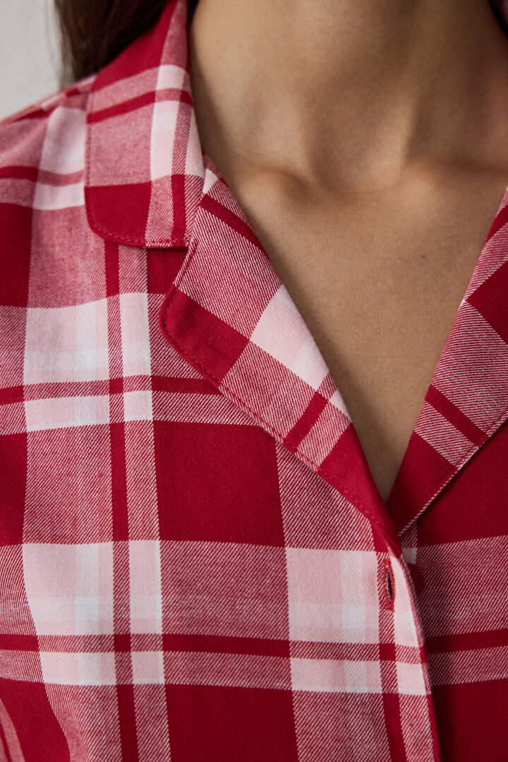 Kırmızı Good Mood Ekoseli Uzun Kollu Düğmeli Pamuklu Gömlek Gecelik - 2