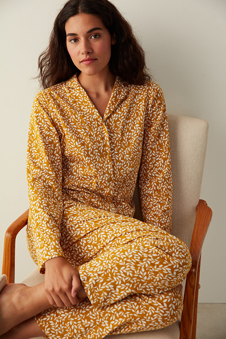 Sarı Yaprak Desenli Gömlek Pantolon Pijama Takımı - 1