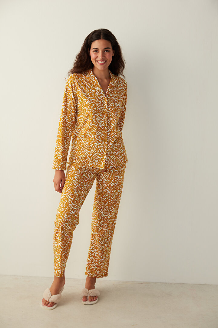 Sarı Yaprak Desenli Gömlek Pantolon Pijama Takımı - 2