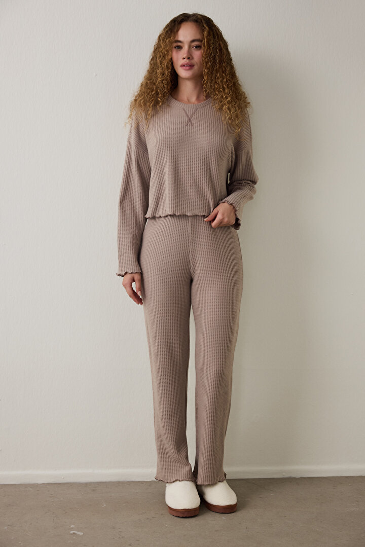 Dark Beige Mocha Waffle Crew Neck Thermal Effect Pajama Set - 1