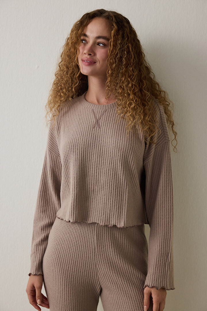 Dark Beige Mocha Waffle Crew Neck Thermal Effect Pajama Set - 2
