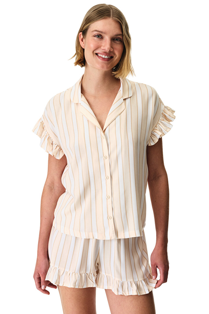 Beige Quinn Striped Shirt & Shorts Pajama Set - 1