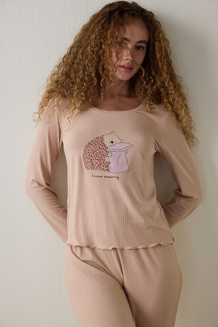 Bej Dreaming Leopar Desenli Bisiklet Yaka Uzun Kollu Pijama Üstü - 1
