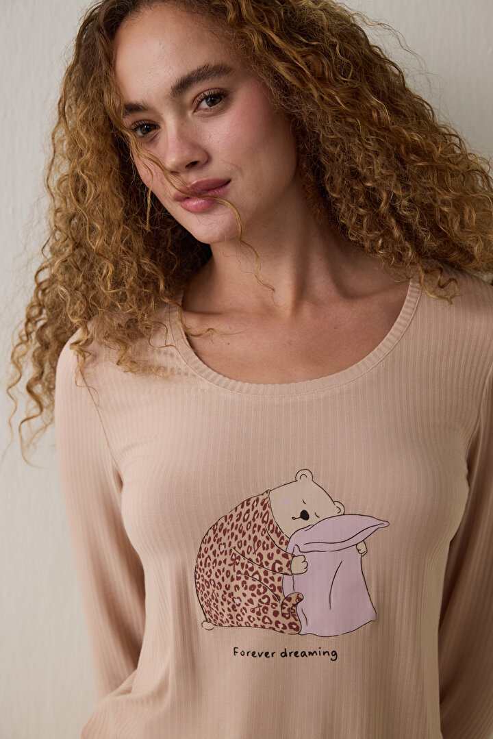 Bej Dreaming Leopar Desenli Bisiklet Yaka Uzun Kollu Pijama Üstü - 2