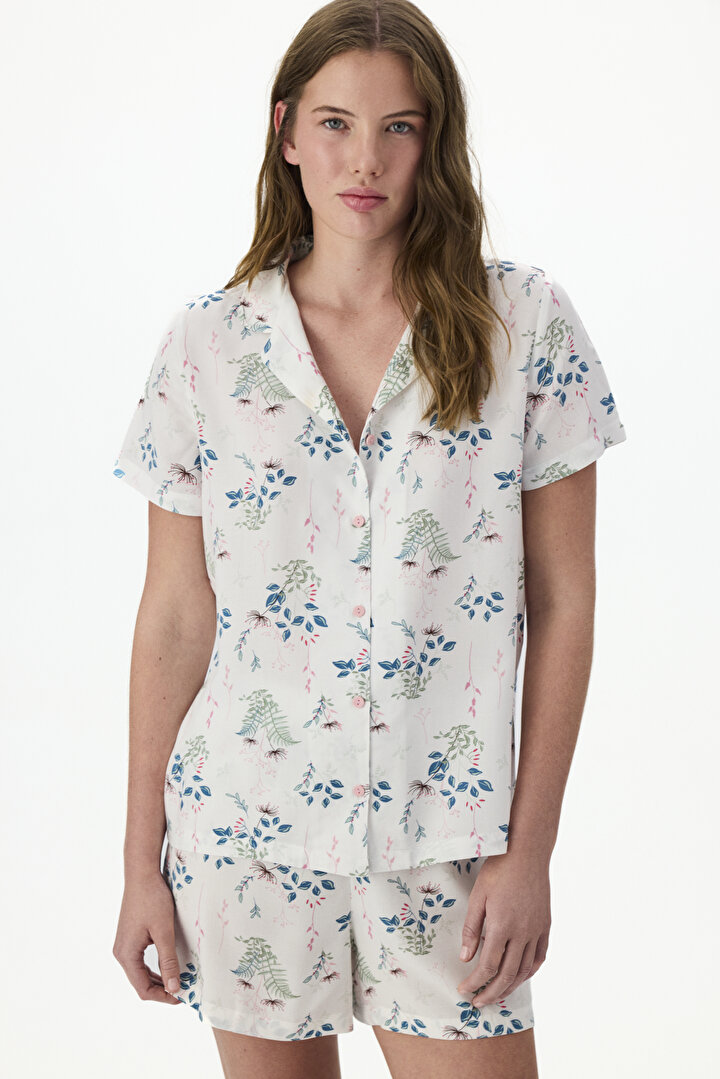 Beyaz Petal Mist Gömlek Şort Pijama Takımı - 1
