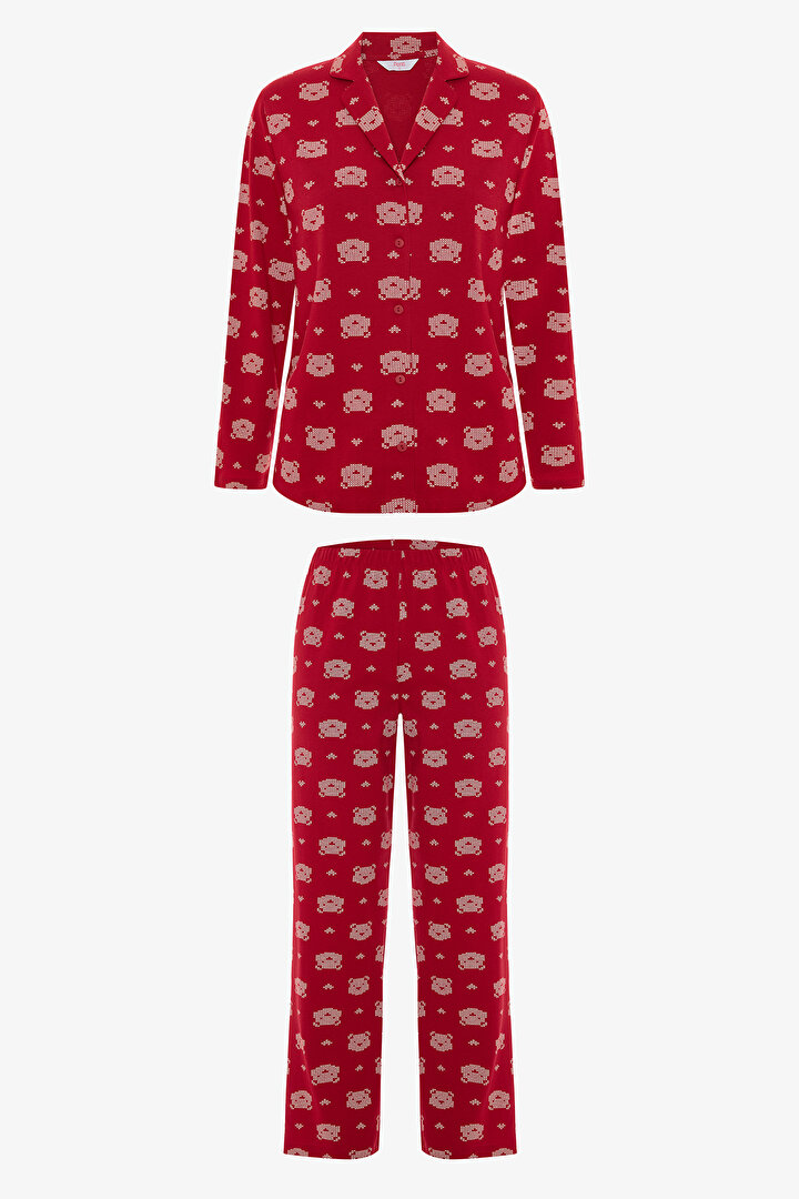 Red Bear Patterned Shirt Collar Long Sleeve Cotton Pajama Set - 1