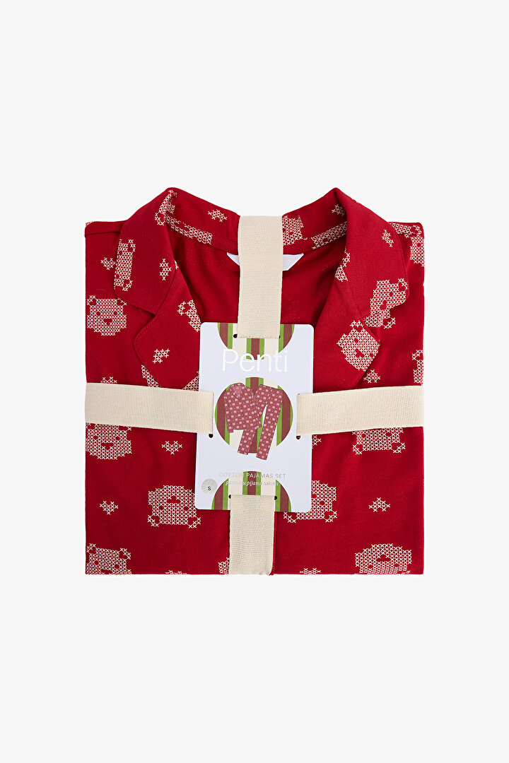 Red Bear Patterned Shirt Collar Long Sleeve Cotton Pajama Set - 2