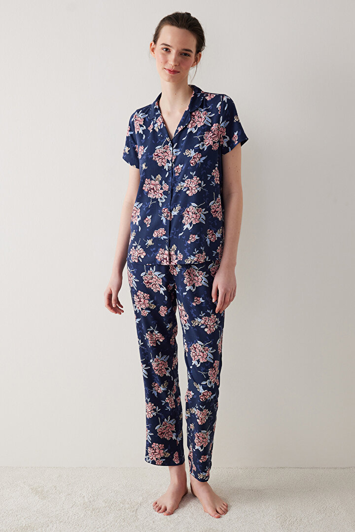 Concept Floral Düğmeli Gömlek Pantolon Lacivert Pijama Takımı - 1