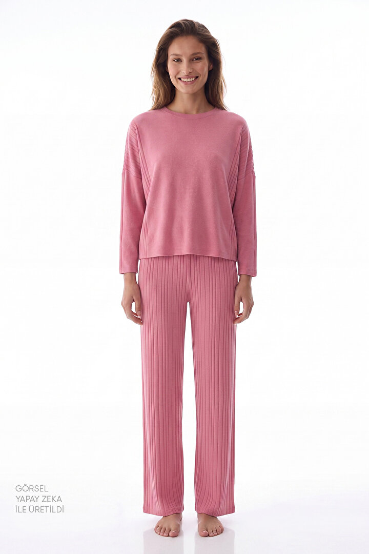 Gül Kurusu Rosy Pink Uzun Kollu Pantolon Pijama Takımı - 1