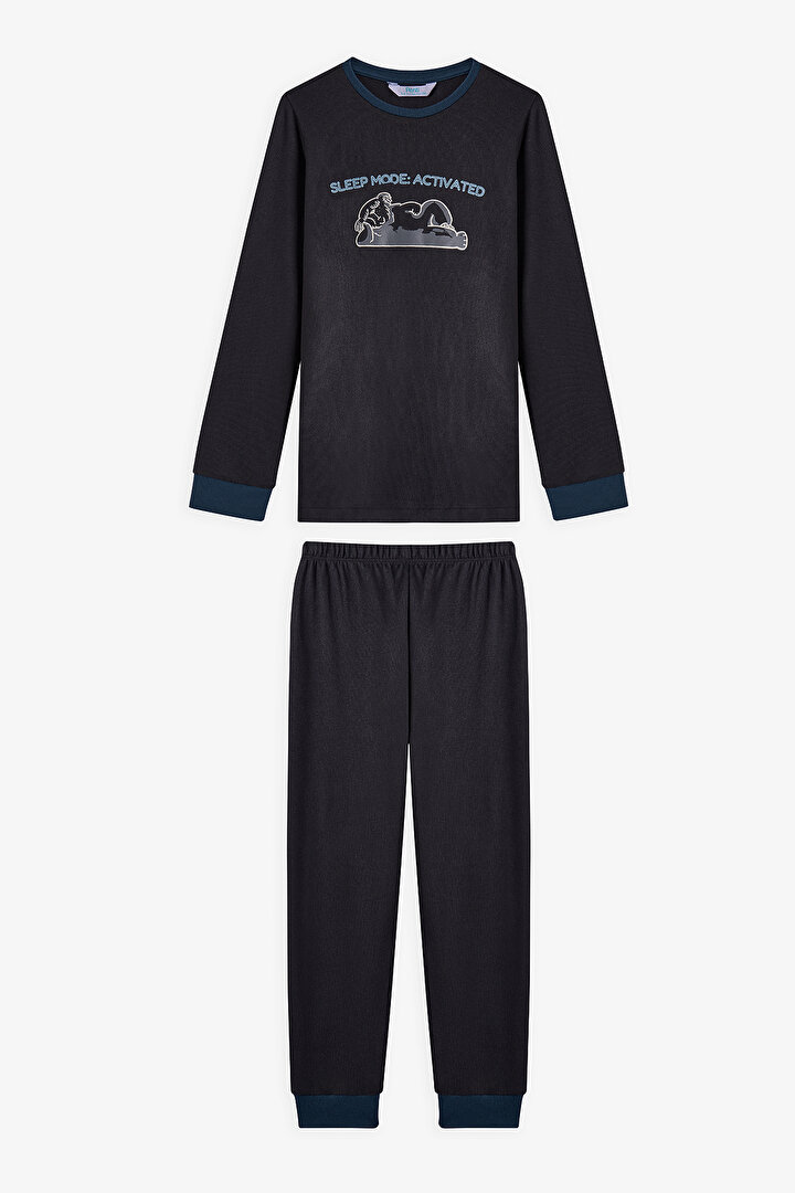 Antrasit Erkek Çocuk Yeti Canavar Baskılı Pijama Takımı - 1