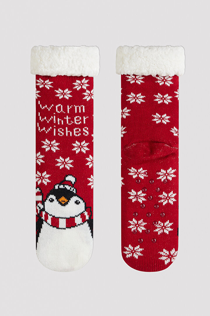 Warm Winter Wishes Slogan Baskılı Kırmızı Soket Çorap - 2
