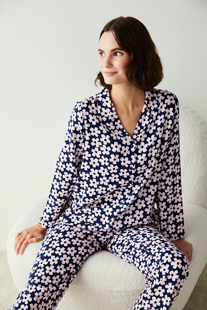 Lacivert Çiçek Desenli Gömlek Pantolon Pijama Takımı - 1