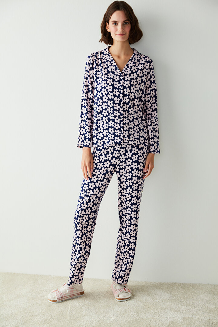 Lacivert Çiçek Desenli Gömlek Pantolon Pijama Takımı - 2
