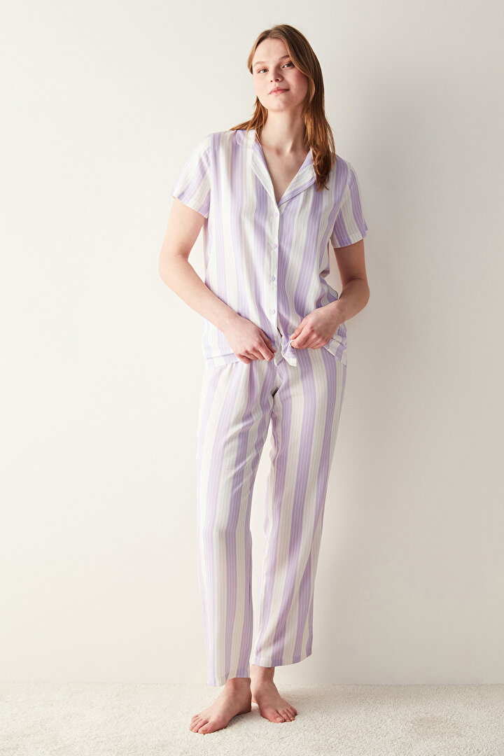 Spring Purple Striped Short Sleeve Shirt Pants Pyjamas Set - 1