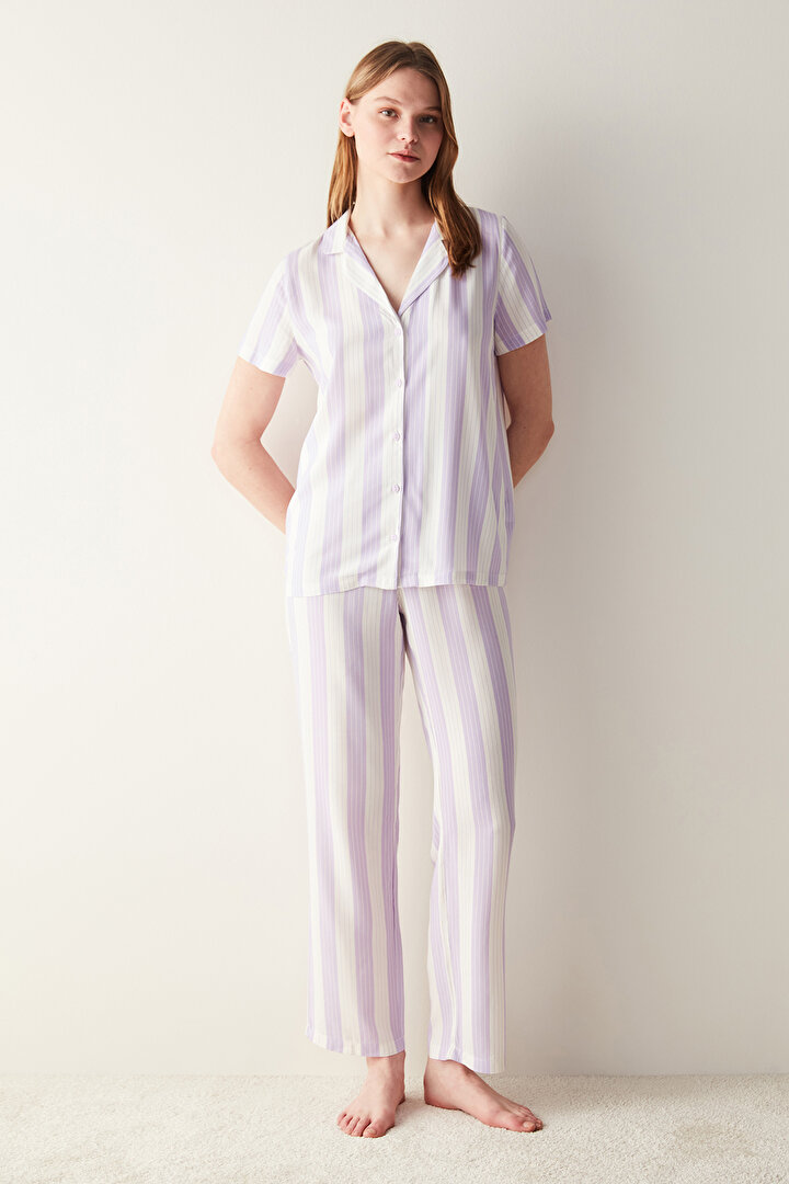 Spring Purple Striped Short Sleeve Shirt Pants Pyjamas Set - 2
