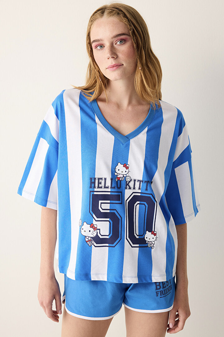 Sanrio Striped Beyaz Tişört Pijama Üstü - 1