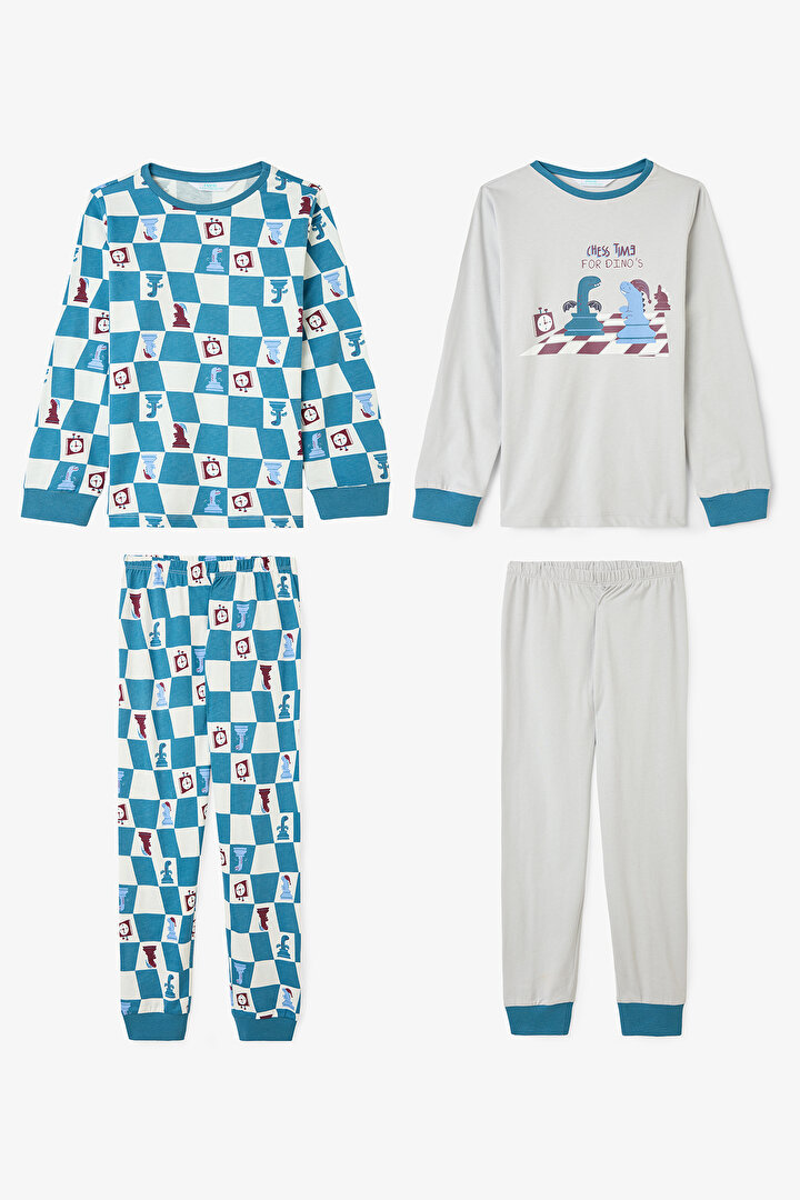 Boys Chess Time Dinosaur Patterned Long Sleeve 2-Piece Pajama Set - 1