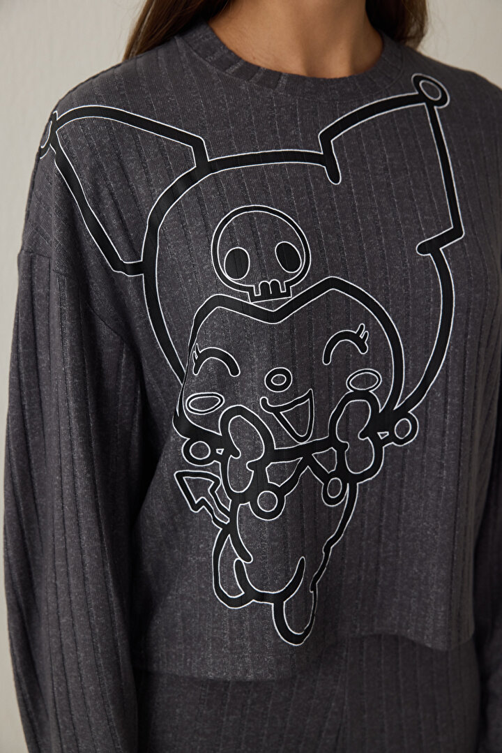 Anthracite Kuromi Printed Boat Neck Long Sleeve Pajama Set - 2