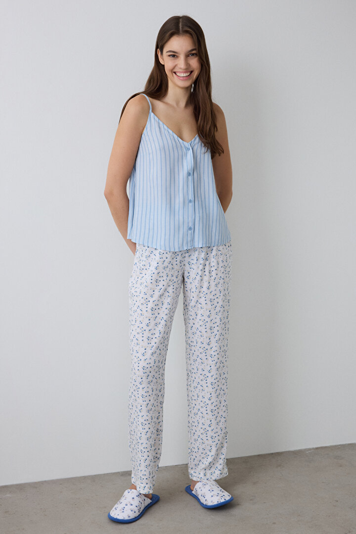 Açık Mavi Lilah Çizgili V Yaka Atlet Pijama Üstü - 2