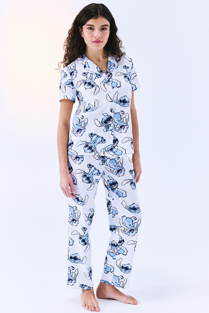 Stitch Gömlek Pantolon Optik Beyaz Pijama Takımı - Stitch Koleksiyonu  - 2