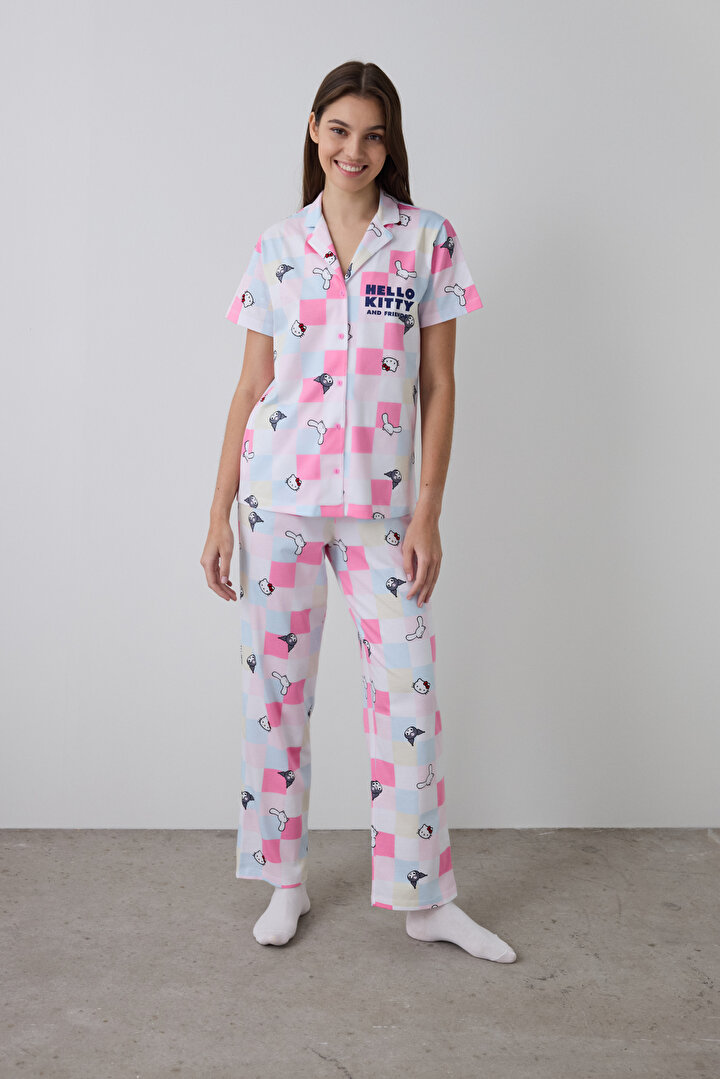 Lic Hello Kitty Optik Beyaz Gömlek Pantolon Pijama Takımı - 1