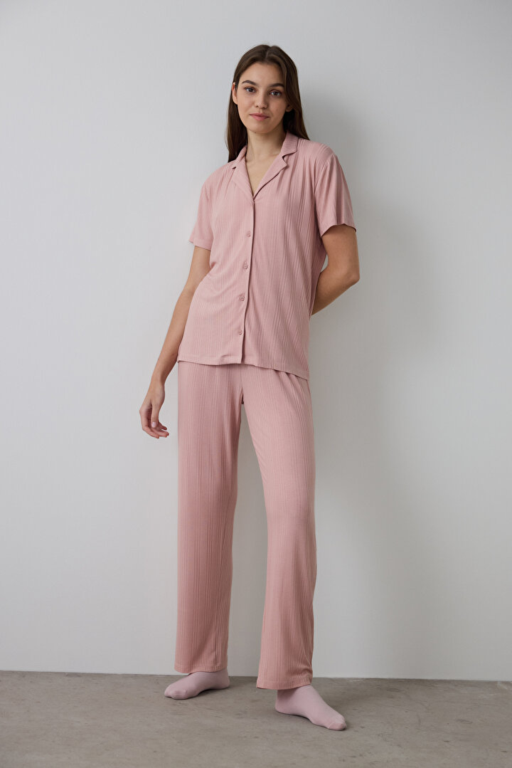 Gül Kurusu Emma Fitilli Gömlek Yakalı Kısa Kollu Pijama Takımı - 1