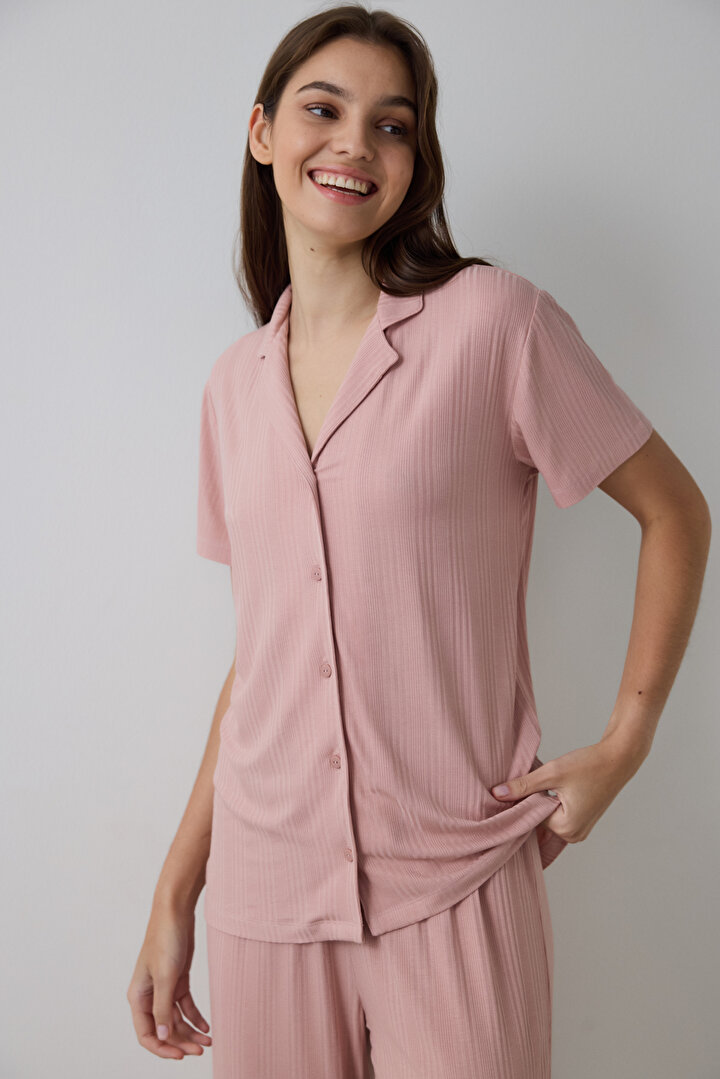 Gül Kurusu Emma Fitilli Gömlek Yakalı Kısa Kollu Pijama Takımı - 2