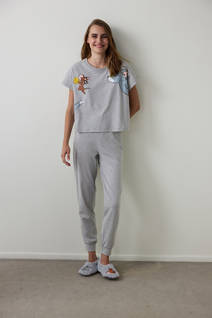 Gri Melanj Tom & Jerry Baskılı Kısa Kollu Pijama Takımı - 1