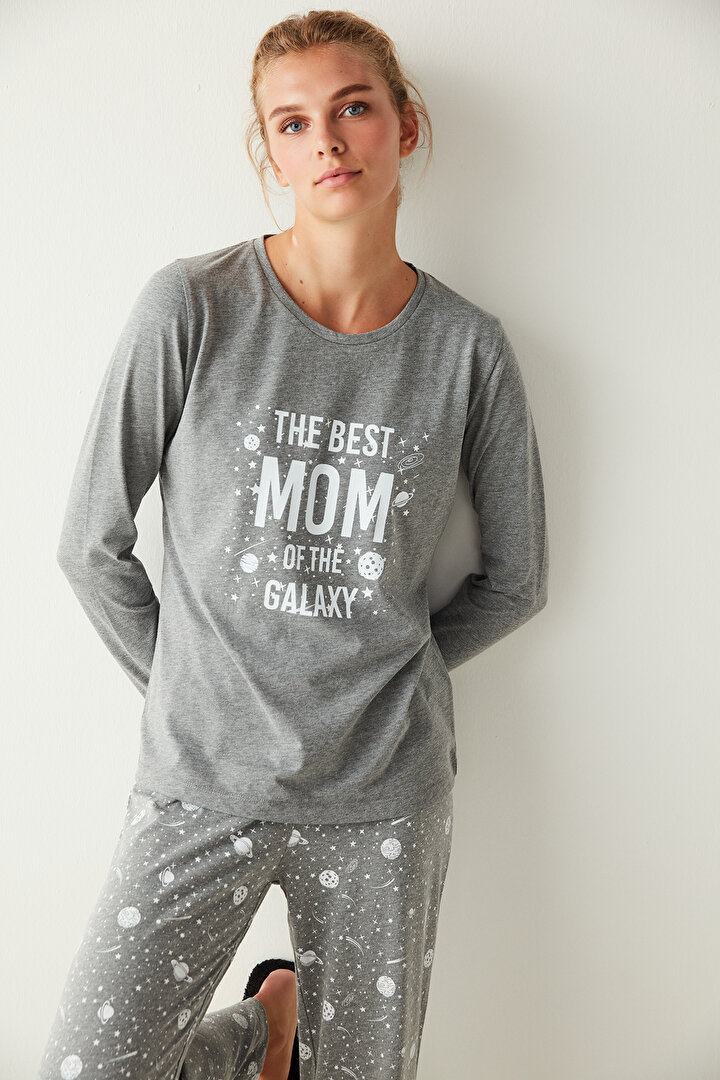 Grey-Melange Best Mom PJ Set - 2