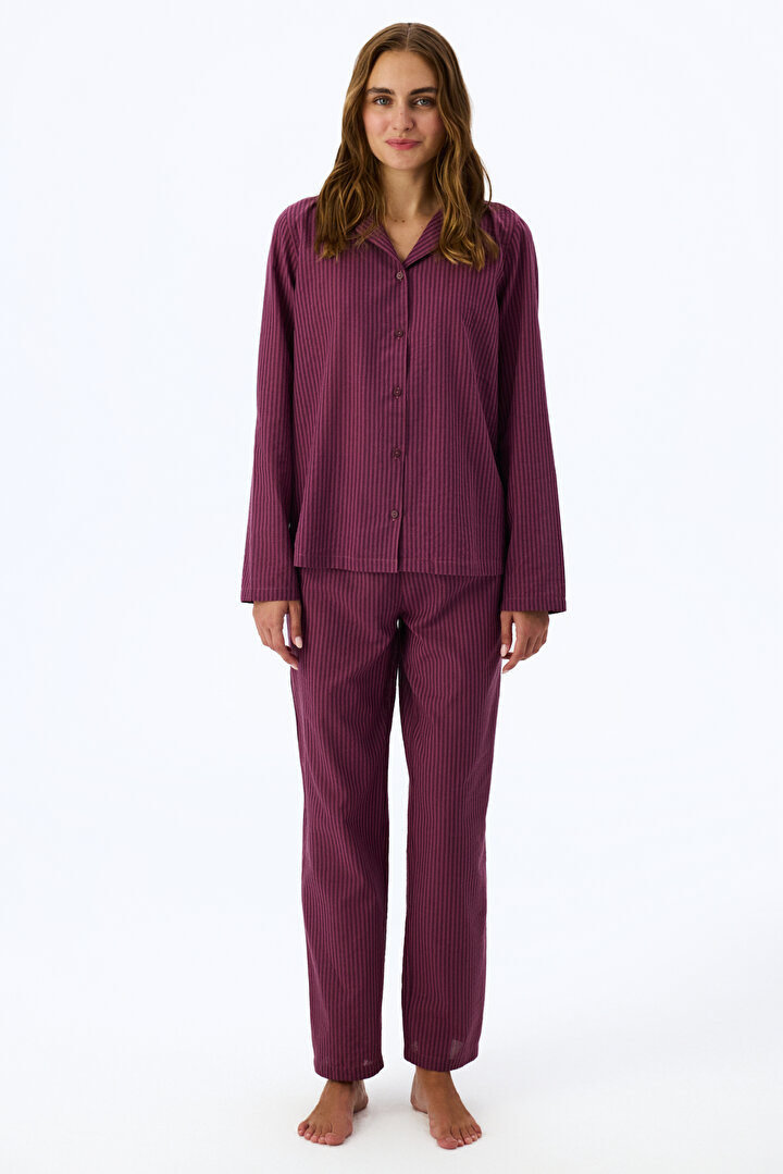 Bordo Lea Çizgili Uzun Kollu Gömlek Pantolon Pijama Takımı - 1
