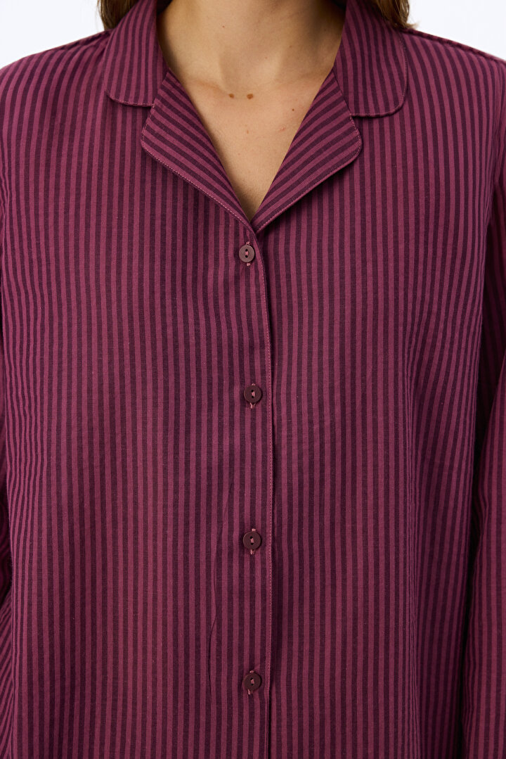 Bordo Lea Çizgili Uzun Kollu Gömlek Pantolon Pijama Takımı - 2