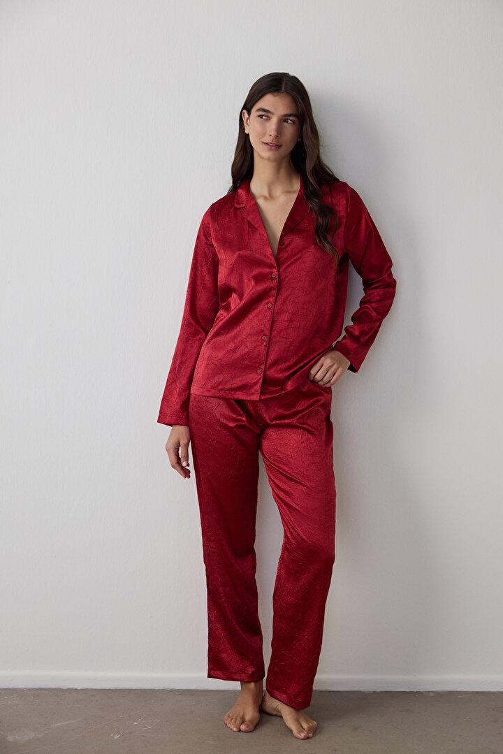 Red Satin Shirt Collar Long Sleeve Pajama Set - 1
