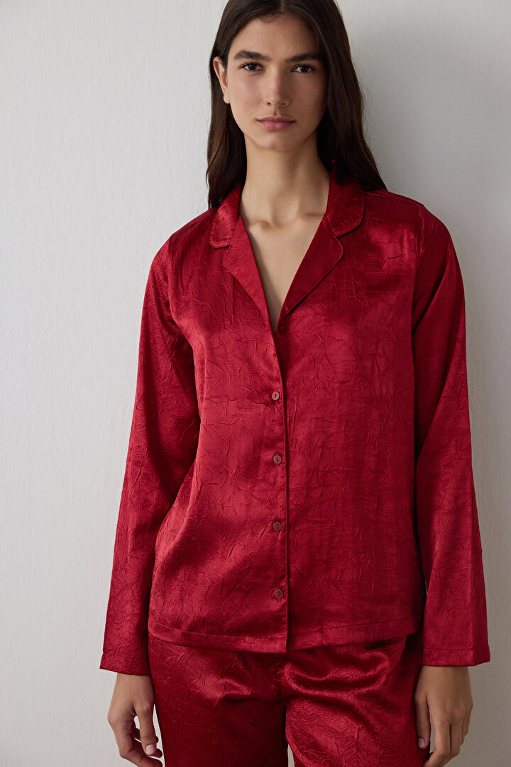 Red Satin Shirt Collar Long Sleeve Pajama Set - 2