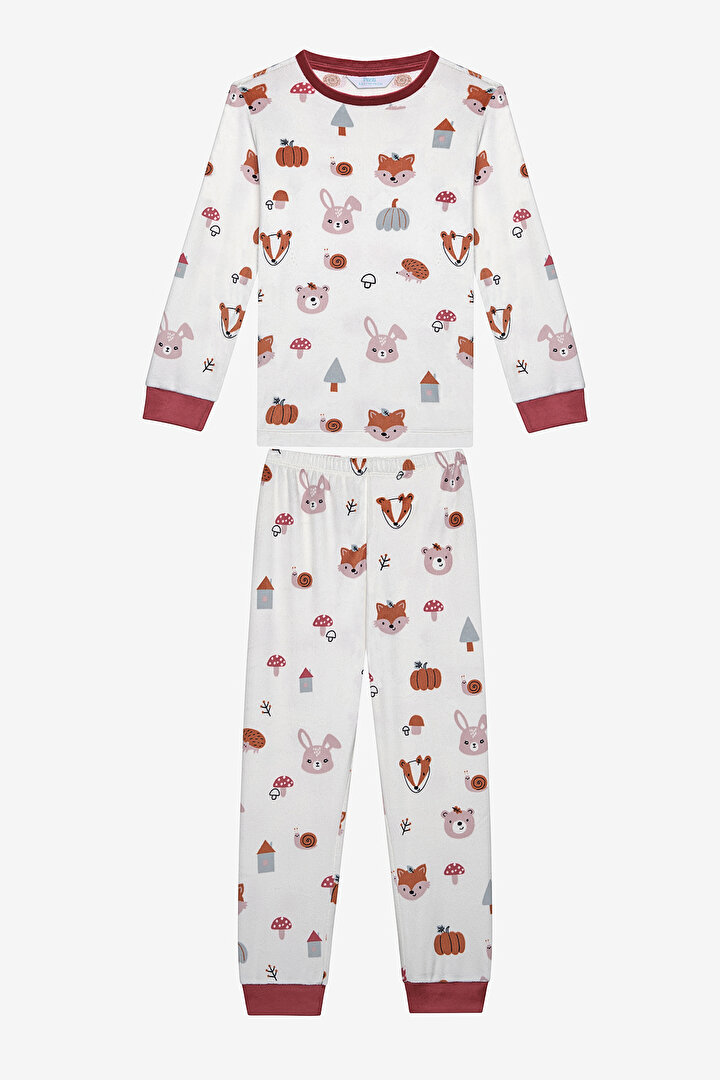 Kız Çocuk Animals Kırık Beyaz Pijama Takımı - 1