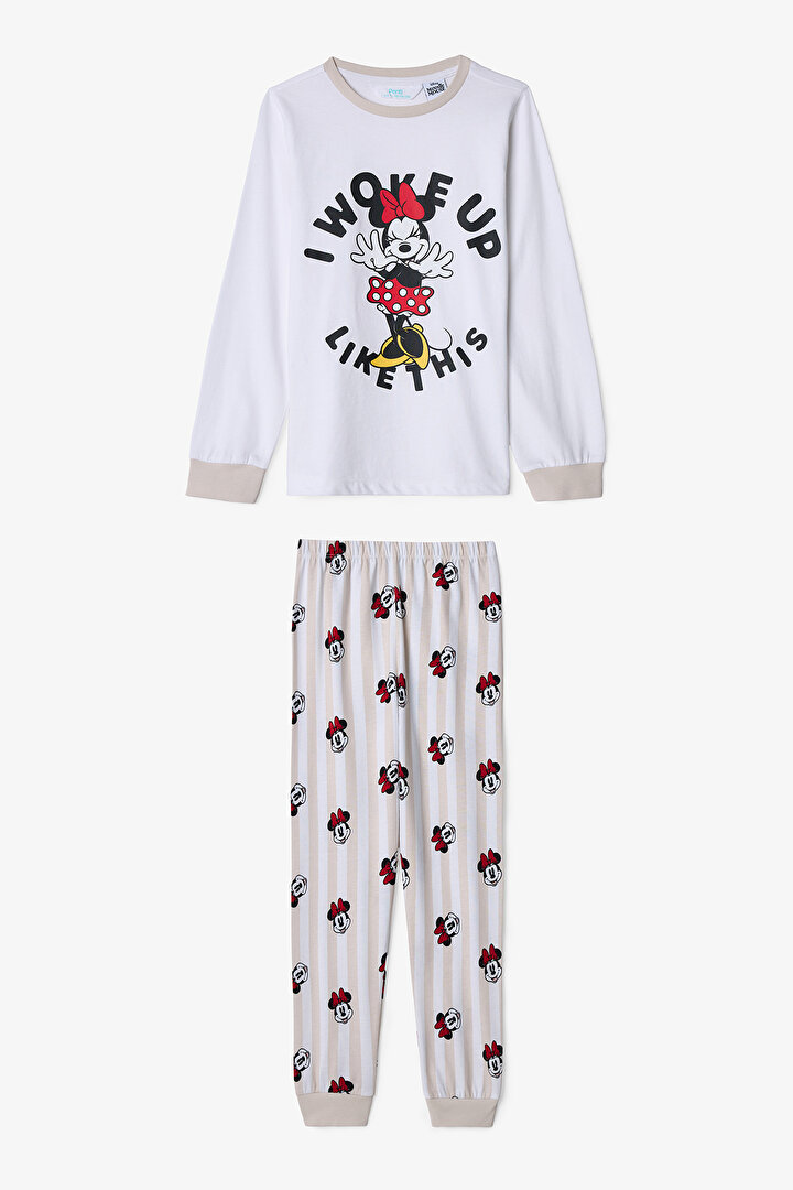 Optik Beyaz Kız Çocuk Minnie Mouse Uzun Kollu 2'li Pijama Takımı - 1